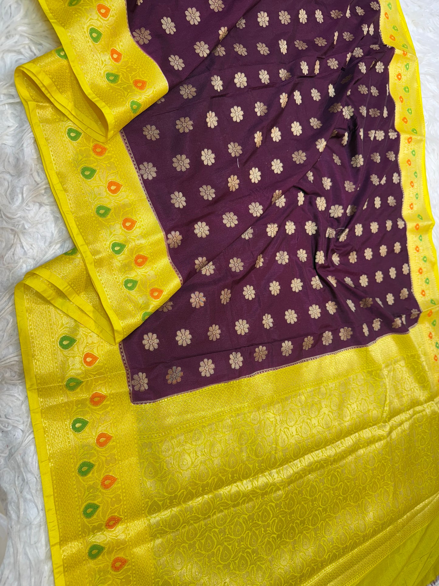 Wine & yellow shade  Dupion Silk premium Banarasi Saree