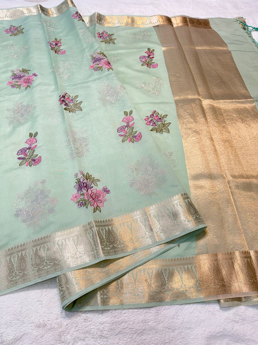 Sea green shade soft silk designer  premium embroidery Banarasi saree