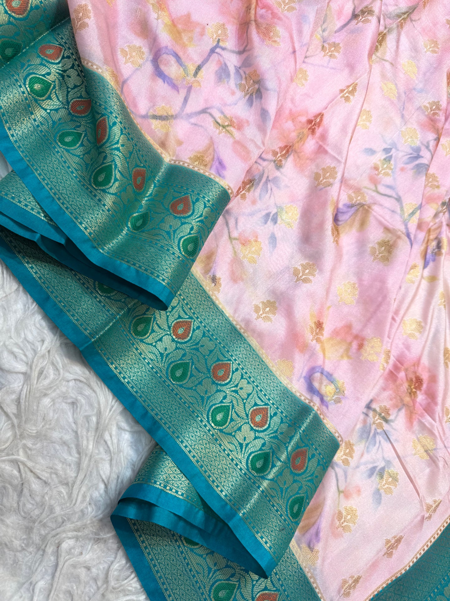 Peach & multicolour Dupion silk digital print Banarasi saree