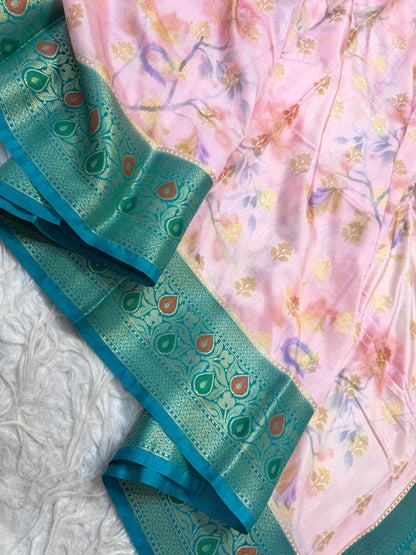 Peach & multicolour Dupion silk digital print Banarasi saree