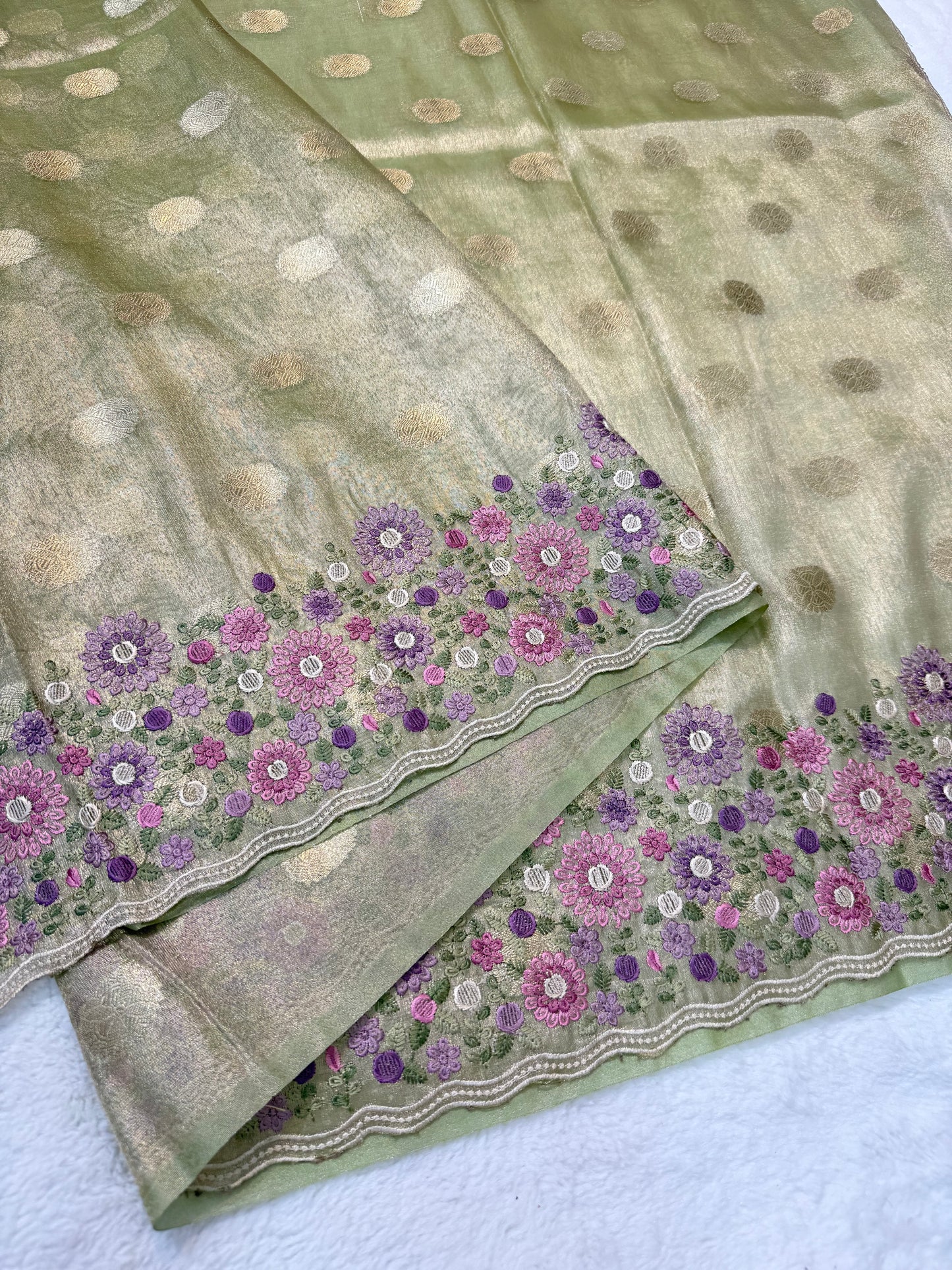 Pista green green shade tissue cutwork embroidery premium designer Banarasi saree
