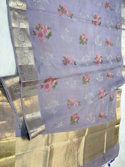 Lavender shade soft silk designer  premium embroidery Banarasi saree