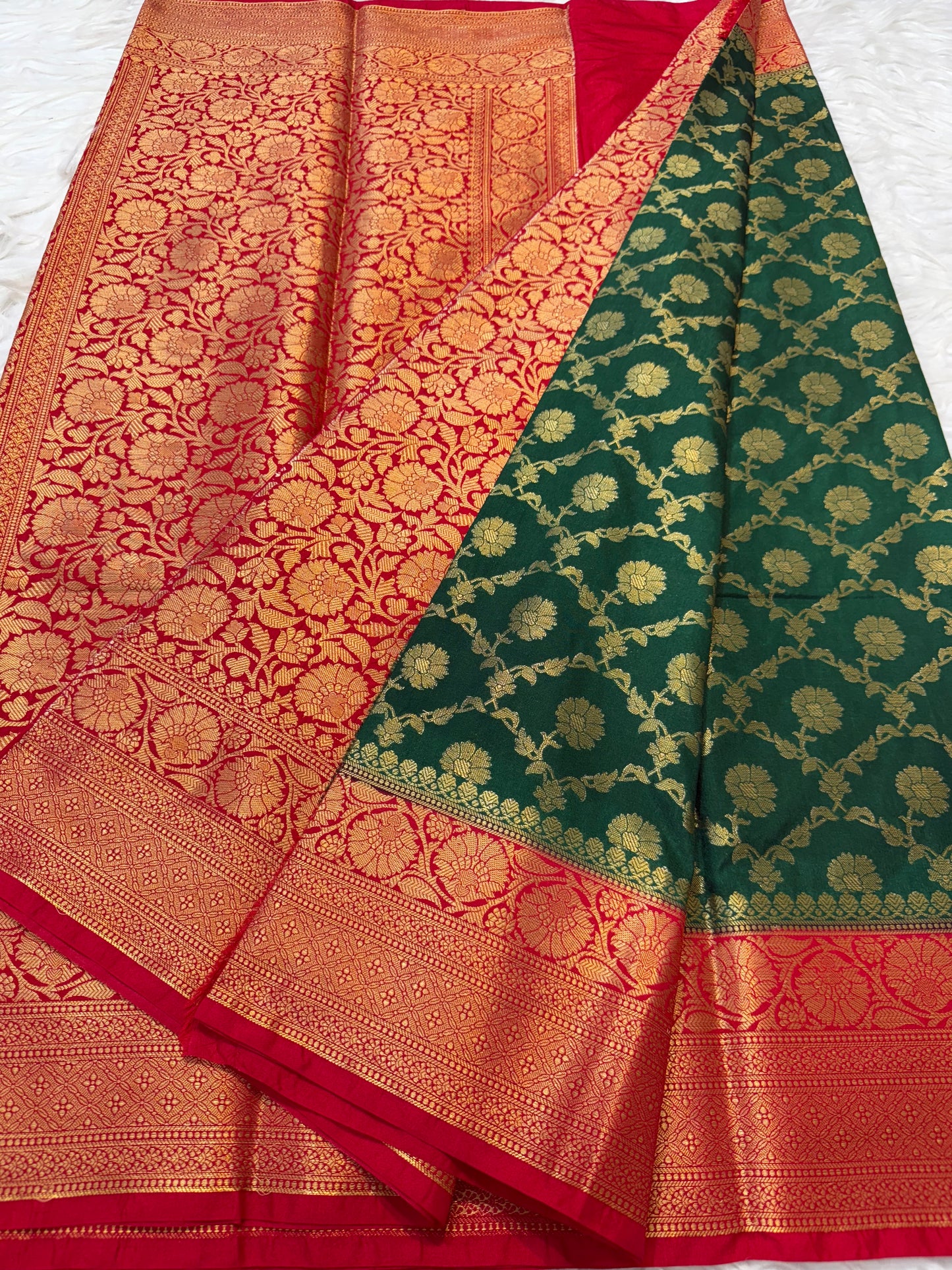 Bottle green red shade  Dupion Silk premium Banarasi Saree