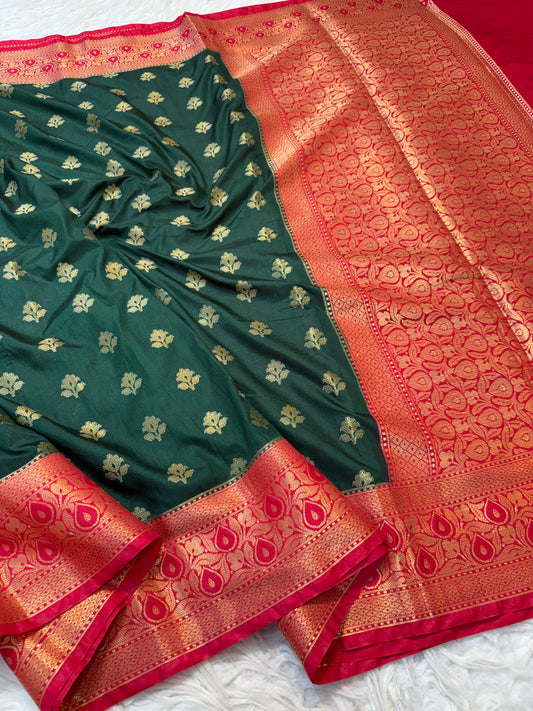 Bottle green red shade Dupion Silk premium Banarasi Saree
