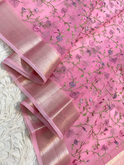 Pink shade shade organza embroidery Banarasi saree