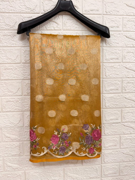Gold  tissue cutwork embroidery premium designer Banarasi saree