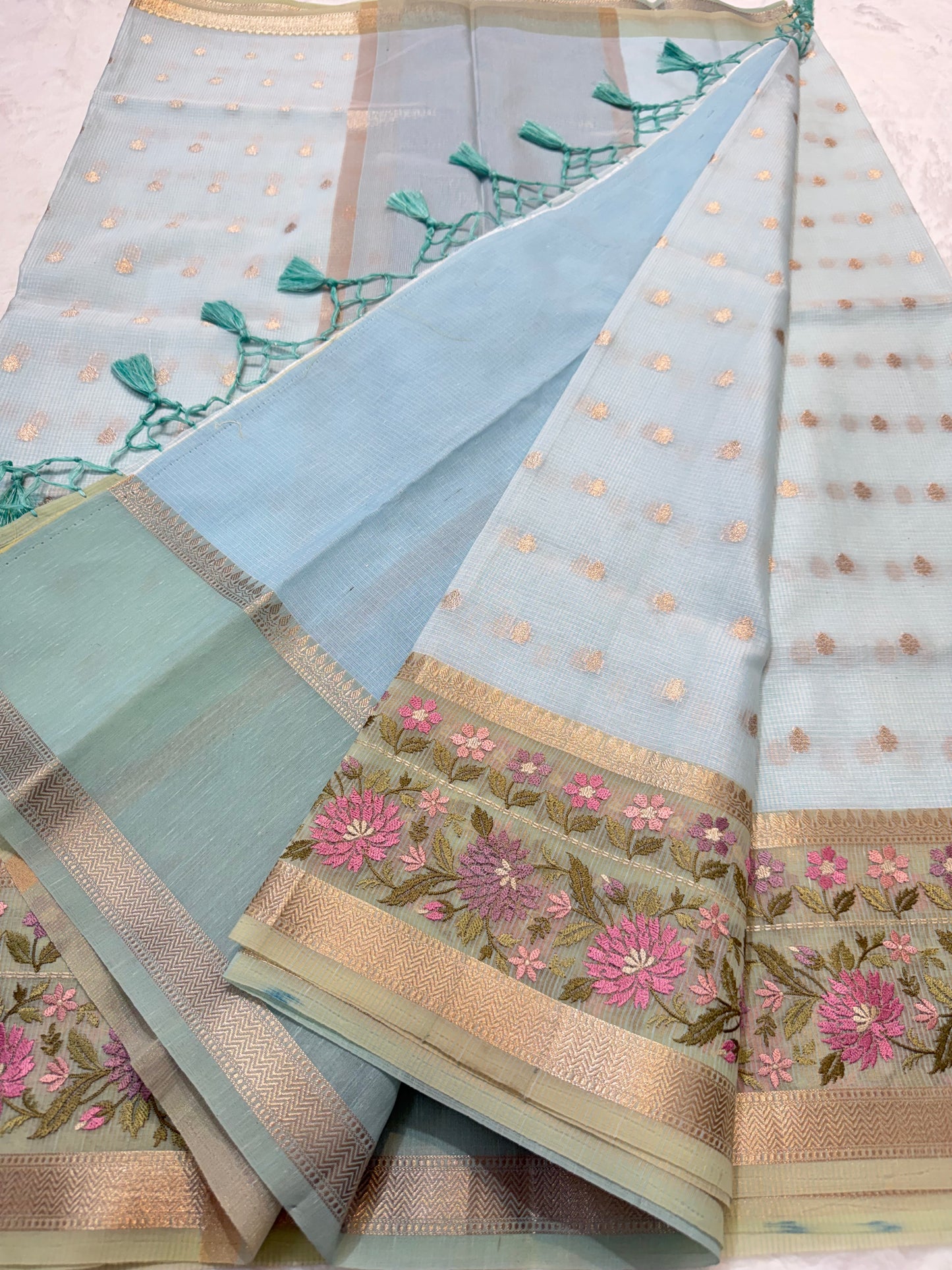 Turquoise shade kota designer embroidery Banarasi saree