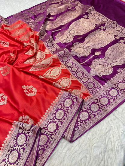 Red & magenta premium mashru katan Banarasi saree