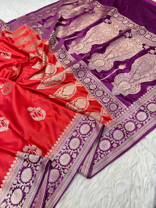 Red & magenta premium mashru katan Banarasi saree