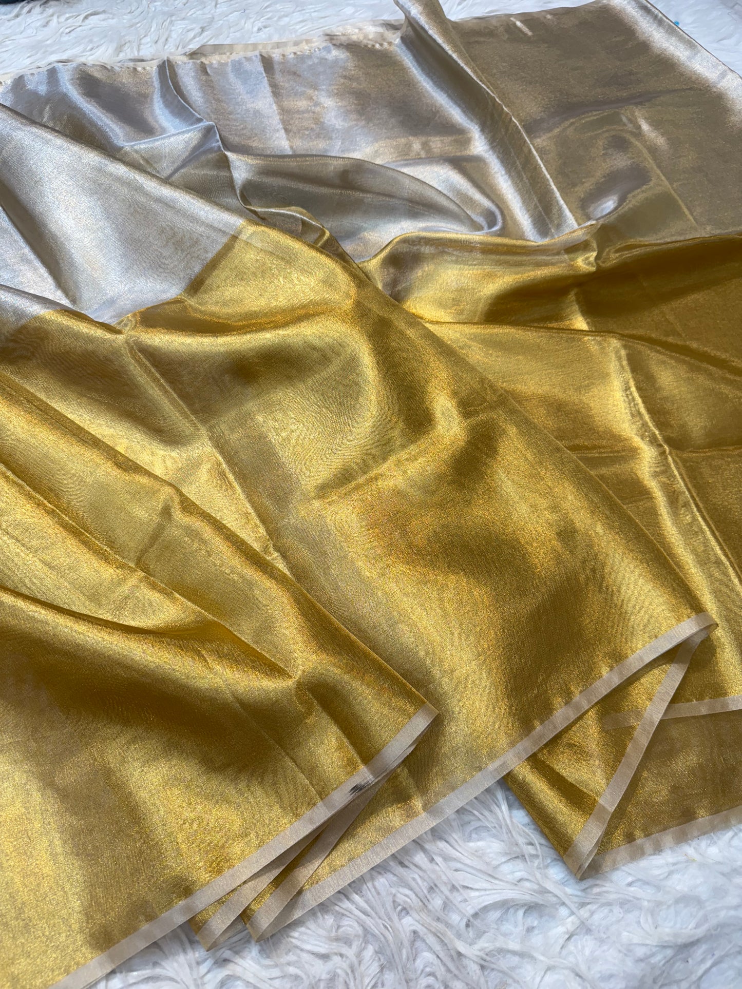 Gold silver shade soft tissue half half Banarasi saree