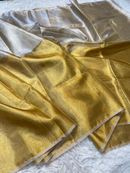 Gold silver shade soft tissue half half Banarasi saree