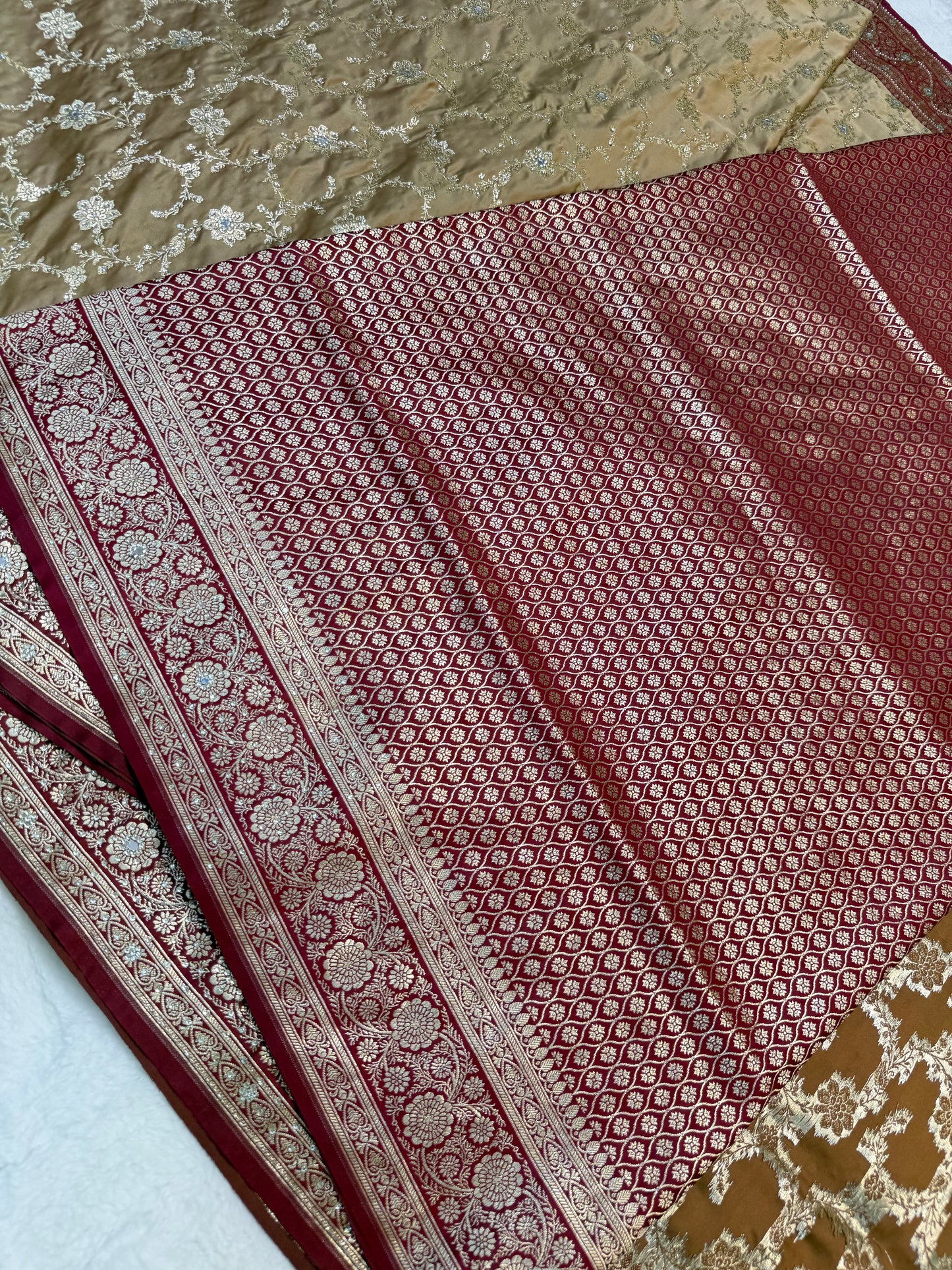 Beige & maroon shade Bridal Satan katan ari & stone work Banarasi silk Saree