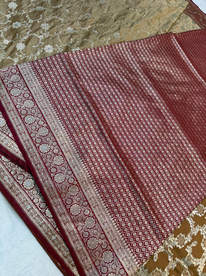Beige & maroon shade Bridal Satan katan ari & stone work Banarasi silk Saree