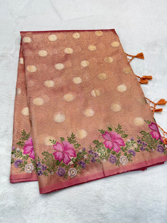 Peach shade tissue cutwork embroidery premium designer Banarasi saree