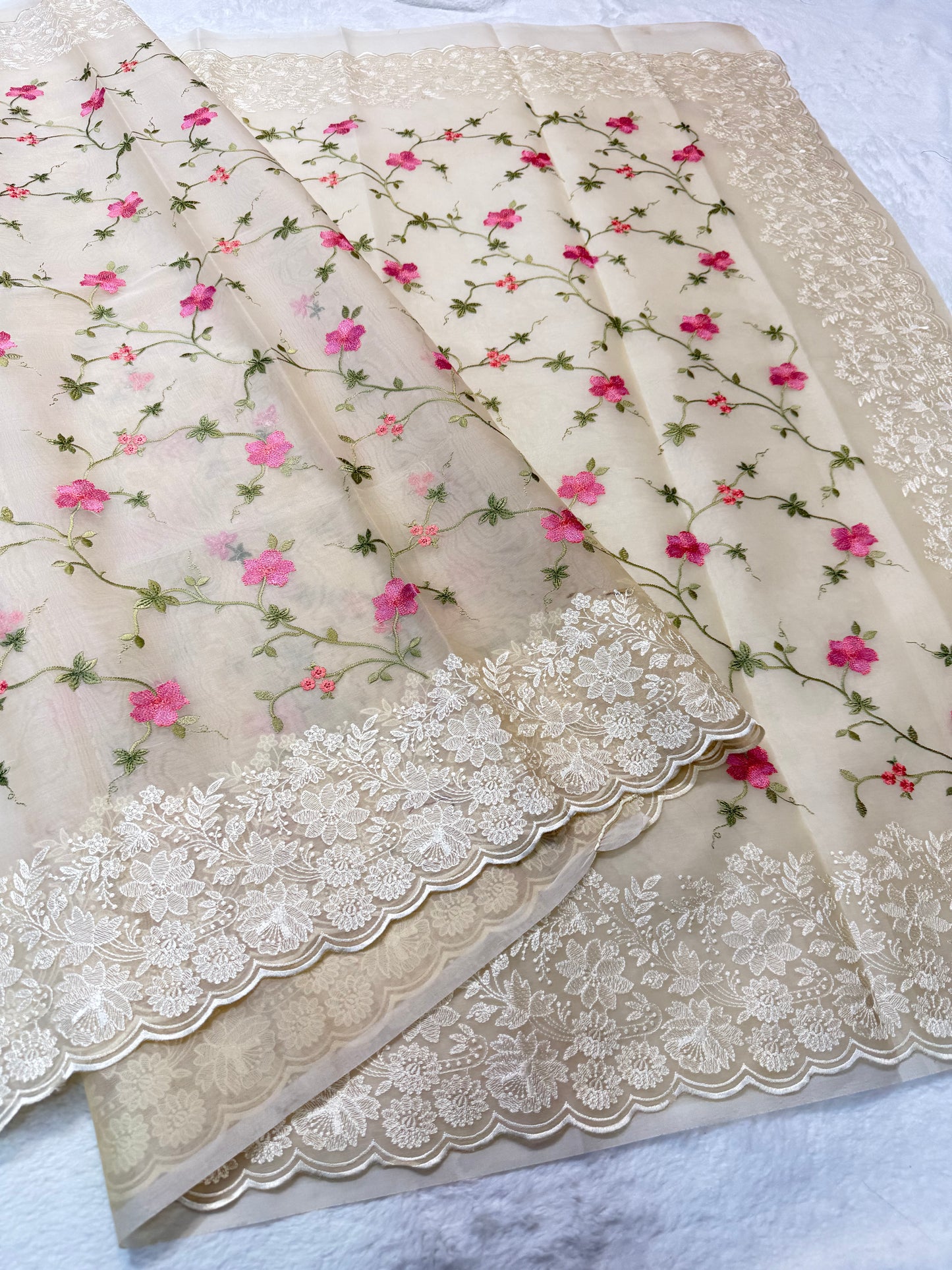 Off white shade organza designer cutwork premium embroidery Banarasi saree