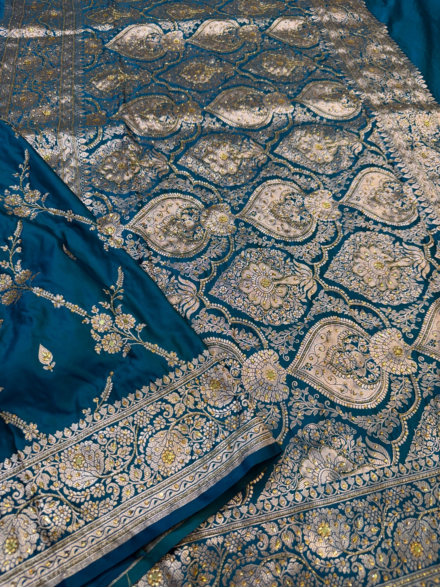 Dark ferozi shade Bridal Mashru ari & stone Silk Banarasi Saree