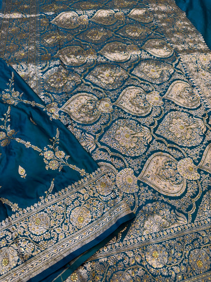 Dark ferozi shade Bridal Mashru ari & stone Silk Banarasi Saree