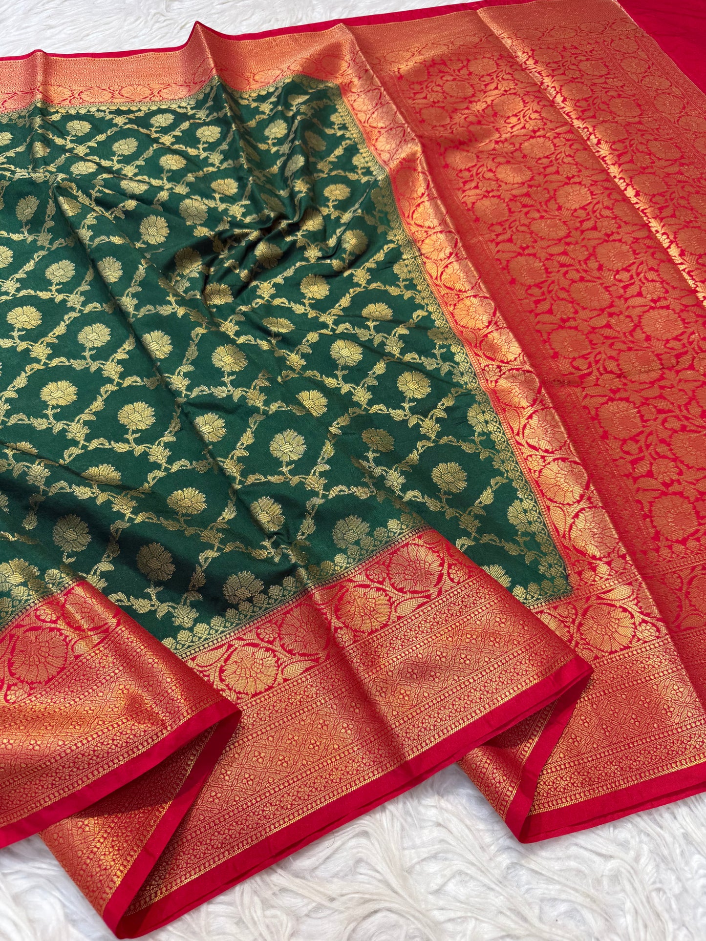 Bottle green red shade  Dupion Silk premium Banarasi Saree