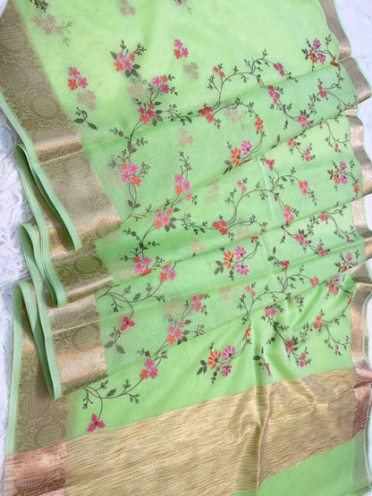 Pista green shade kota embroidery Banarasi saree