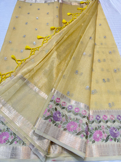 Yellow shade cotton kota designe embroidery premium Banarasi saree