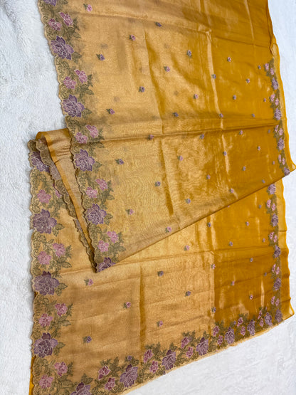 Gold shade tissue cutwork embroidery premium designer Banarasi saree