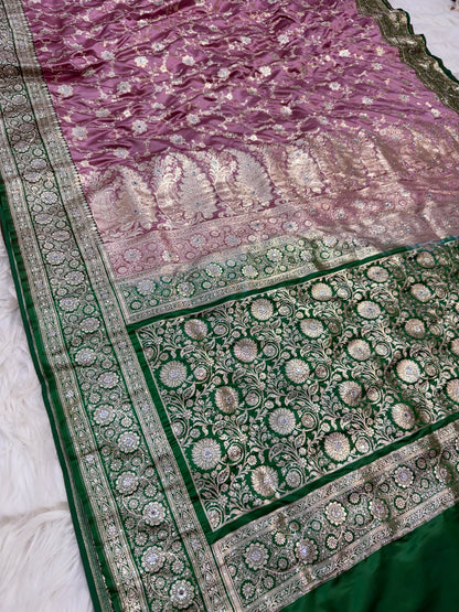 Rose gold shade Bridal Satan katan ari & stone work Banarasi silk Saree