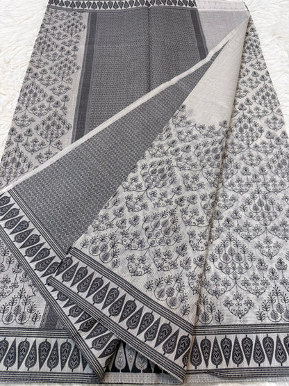 Grey shade cotton kota chickenkari embroidery Banarasi saree