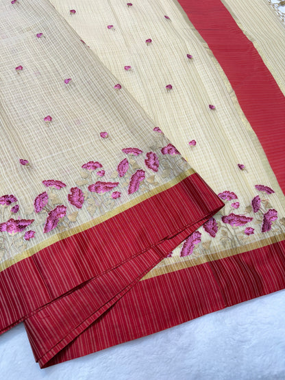 Beige red shade kota embroidery Banarasi saree