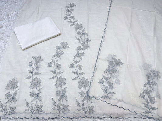 Gray white shade mul chanderi 3 piece appliqué work banarsi suit