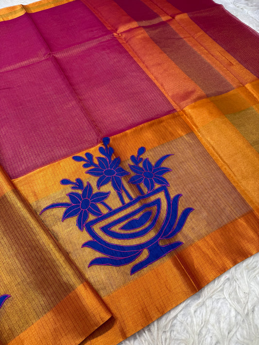 Royal pink bronze shade tissue appliqué work primum Banarasi saree