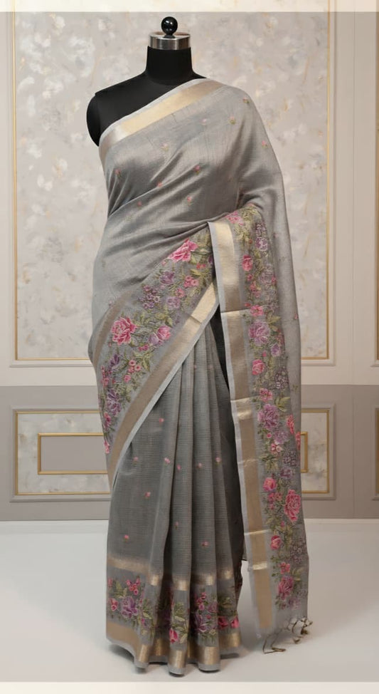 Gray shade tissue linen designer embroidery Banarasi saree