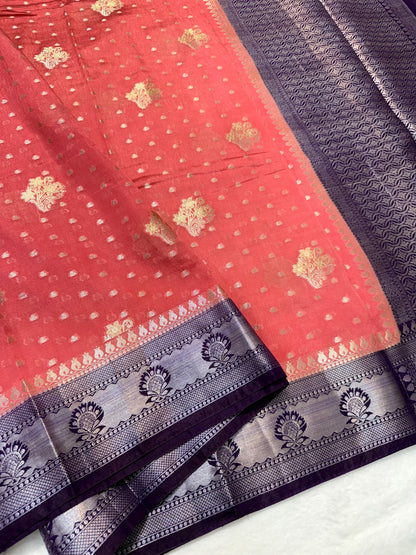 Strowberry & magenta shade raw mango Banarasi premium Banarasi saree
