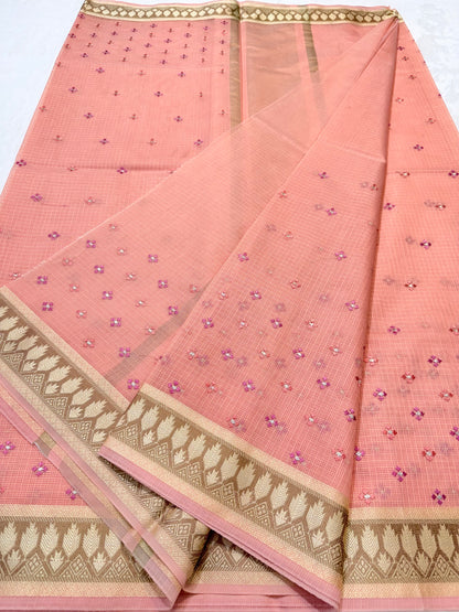 Peach shade kota designer embroidery Banarasi saree