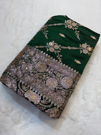 Bottel green shade Bridal Mashru ari & stone Silk Banarasi Saree