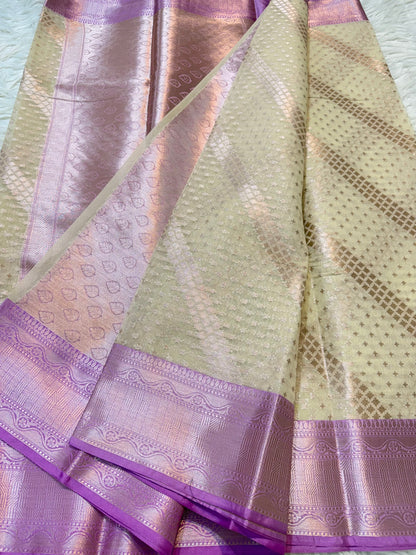 Off white & purple shade cotton premium Banarasi saree