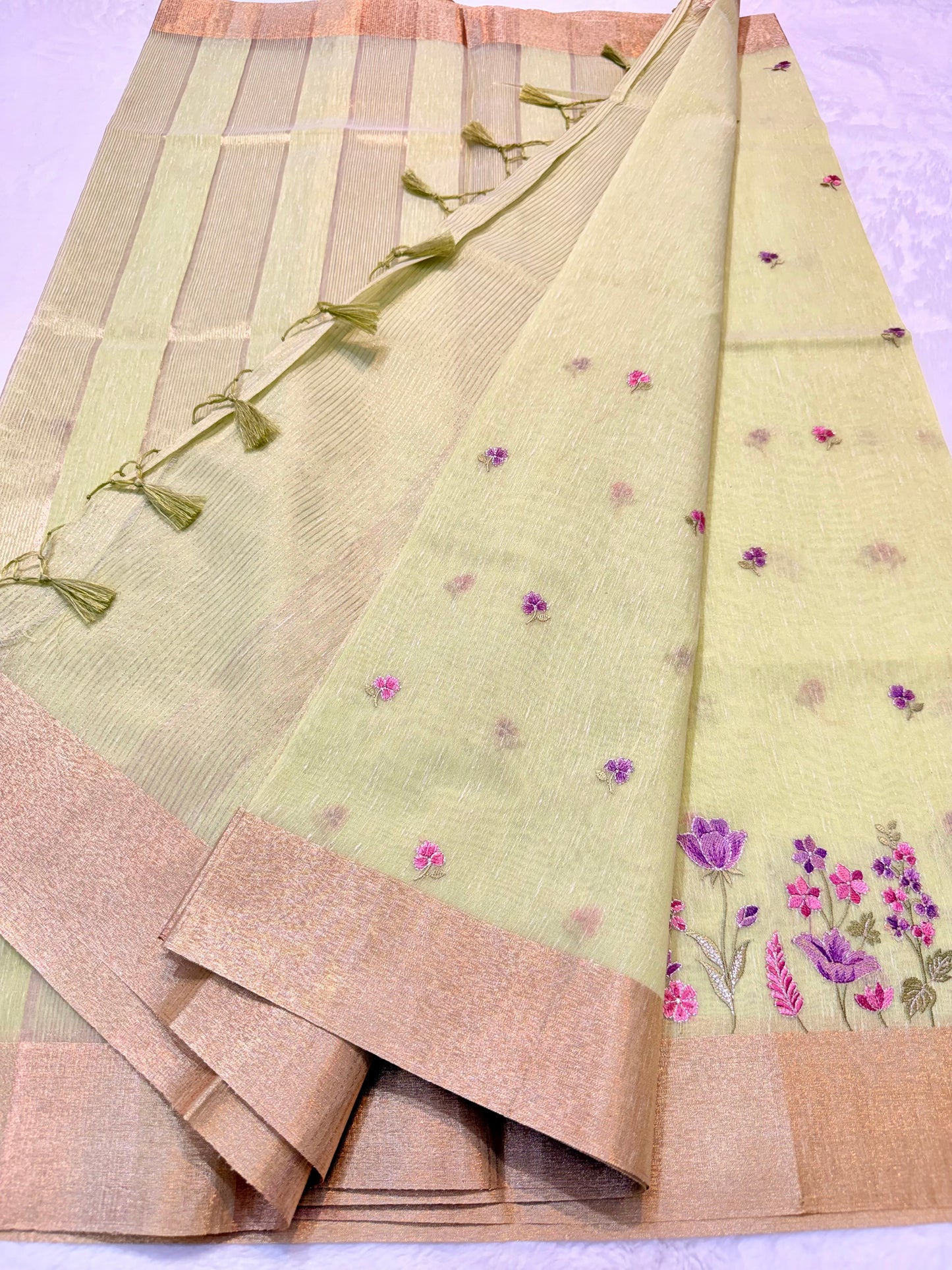 Pista green shade linen embroidery premium Banarasi saree