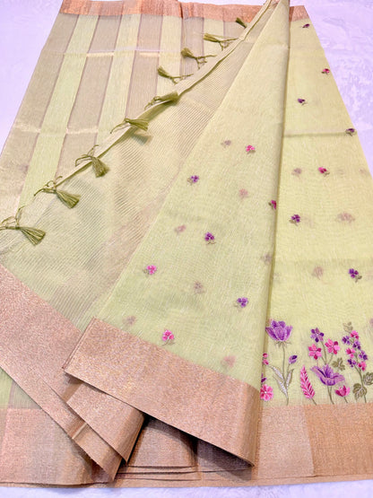 Pista green shade linen embroidery premium Banarasi saree