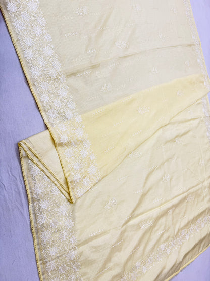 Safety yellow shade cotton kota chickenkari embroidery Banarasi saree