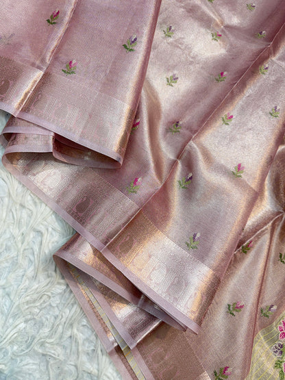 Peach shade tissue kota embroidery primum Banarasi saree