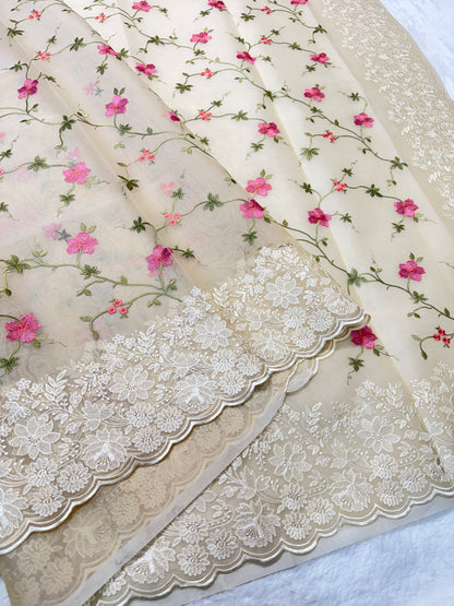 Off white shade organza designer cutwork premium embroidery Banarasi saree