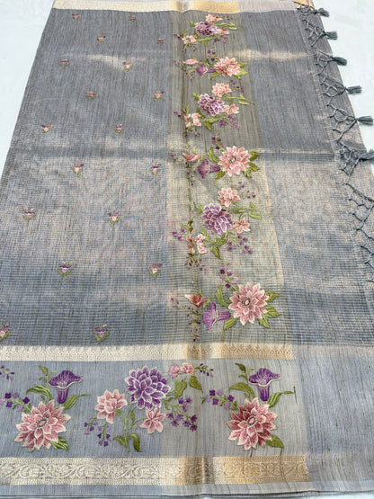 Light slate blue shade tissue linen designer embroidery premium Banarasi saree