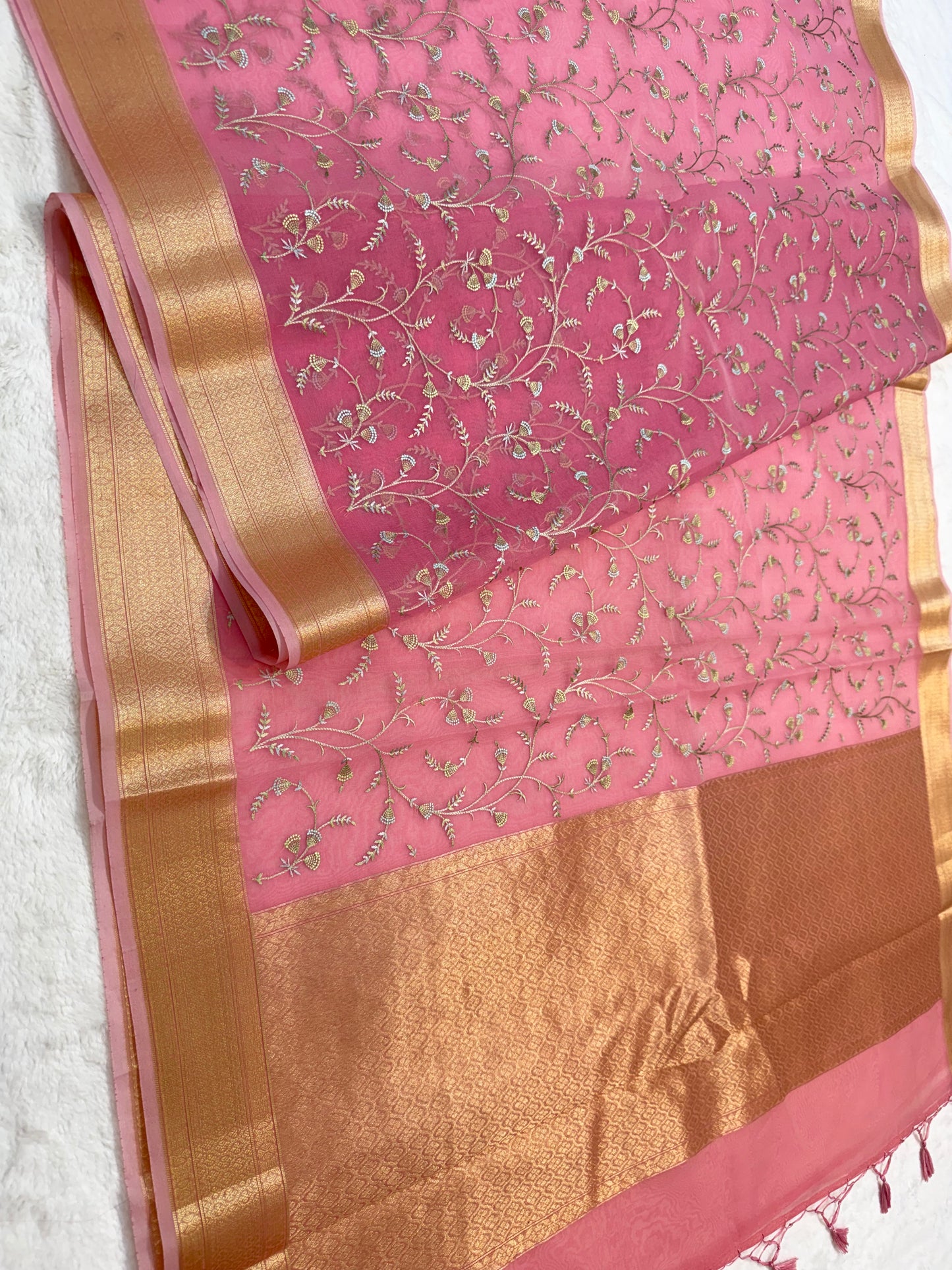 Pink shade organza designer premium embroidery Banarasi saree