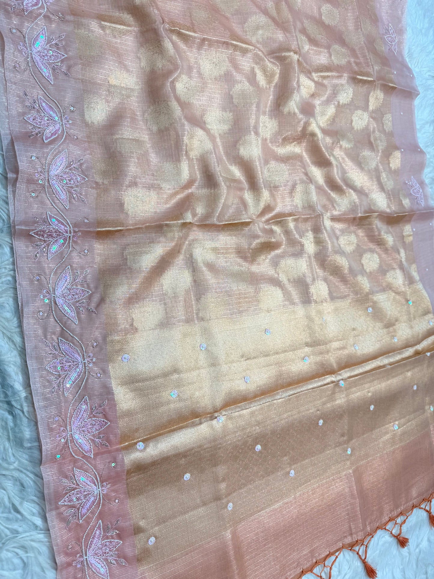 Peach shade tissue kota zardosi work Banarasi saree
