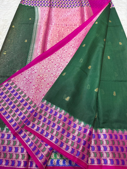 Bottle green & royal pink shade georgette Banarasi saree