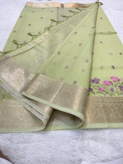 Pista green shade linen embroidery Banarasi saree