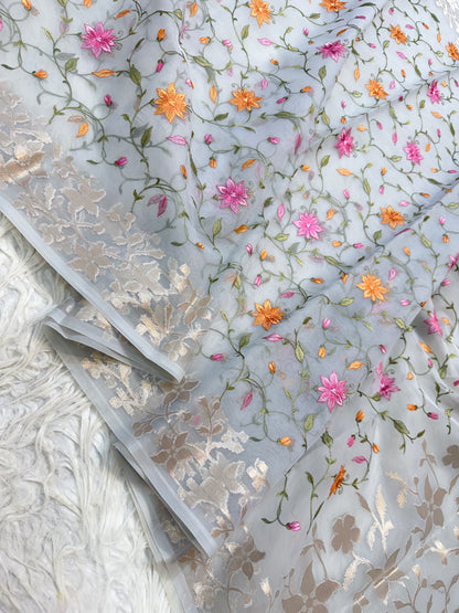 Grey shade kora organza  embroidery Banarasi saree
