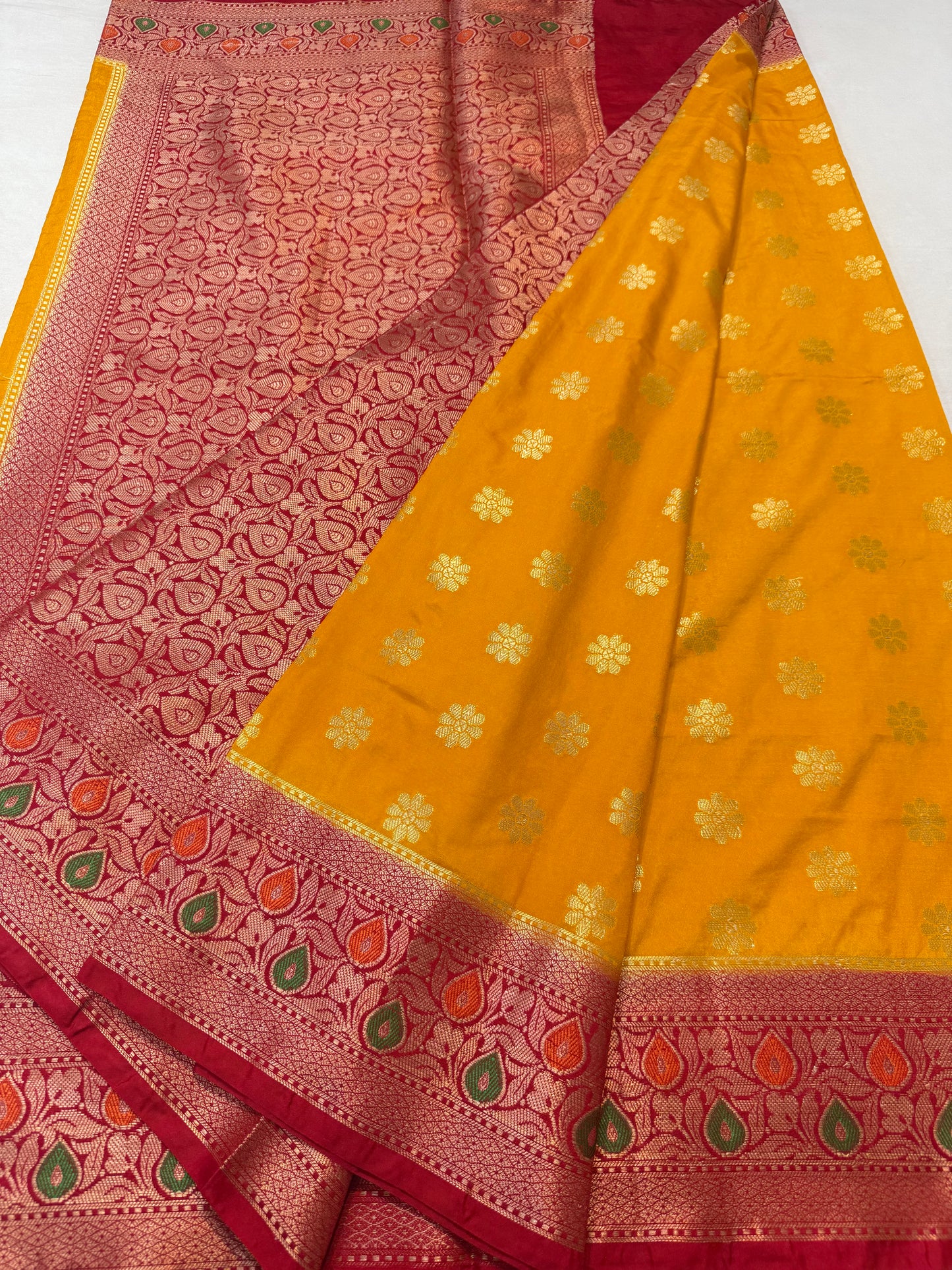Mango & red shade  Dupion Silk premium Banarasi Saree