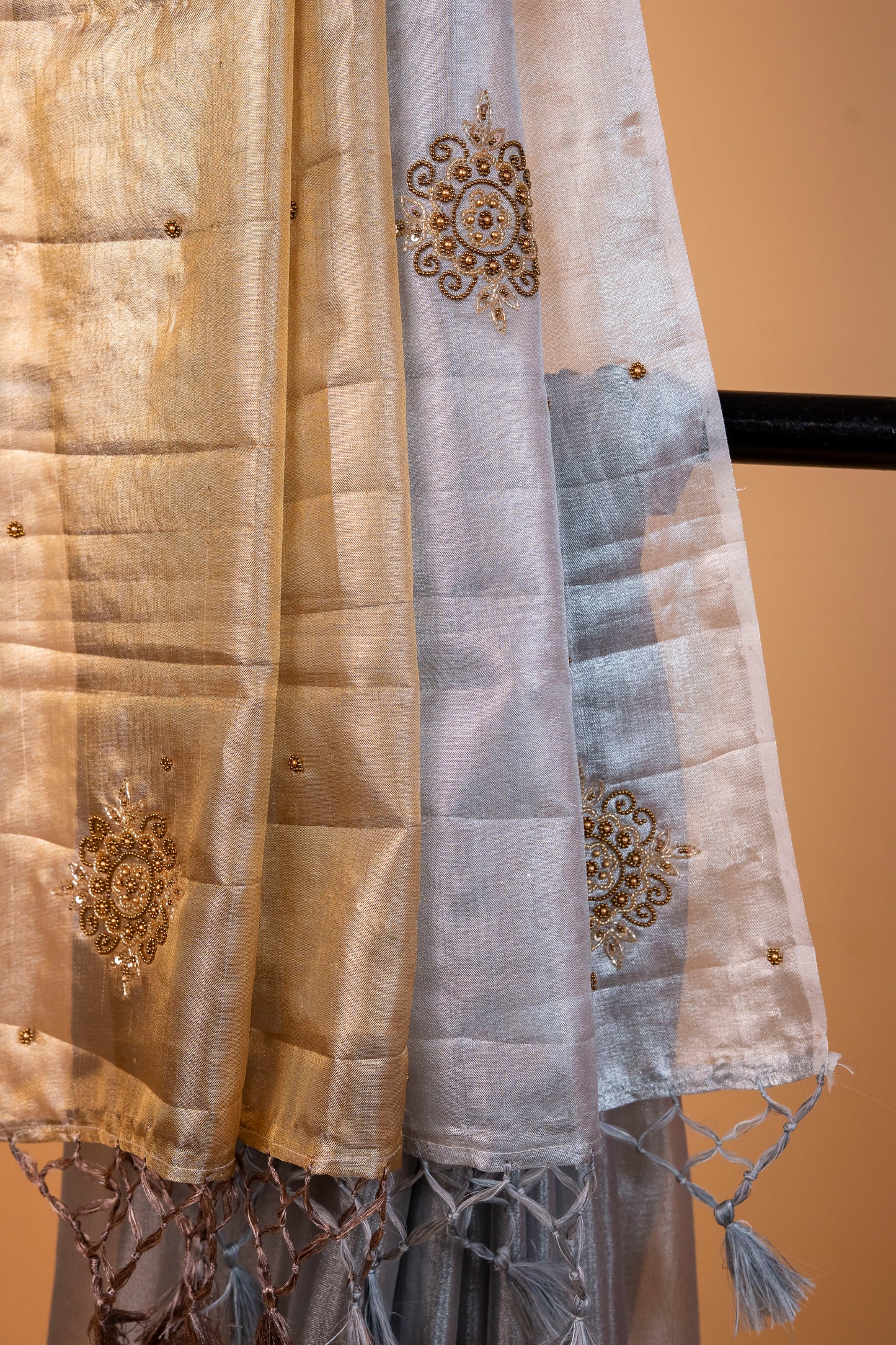 Gold silver tissue half half  tissue designer hand work Banarasi saree