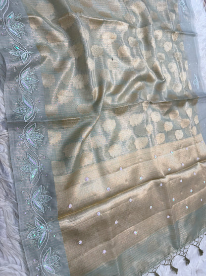Sea green shade tissue kota zardosi work Banarasi saree