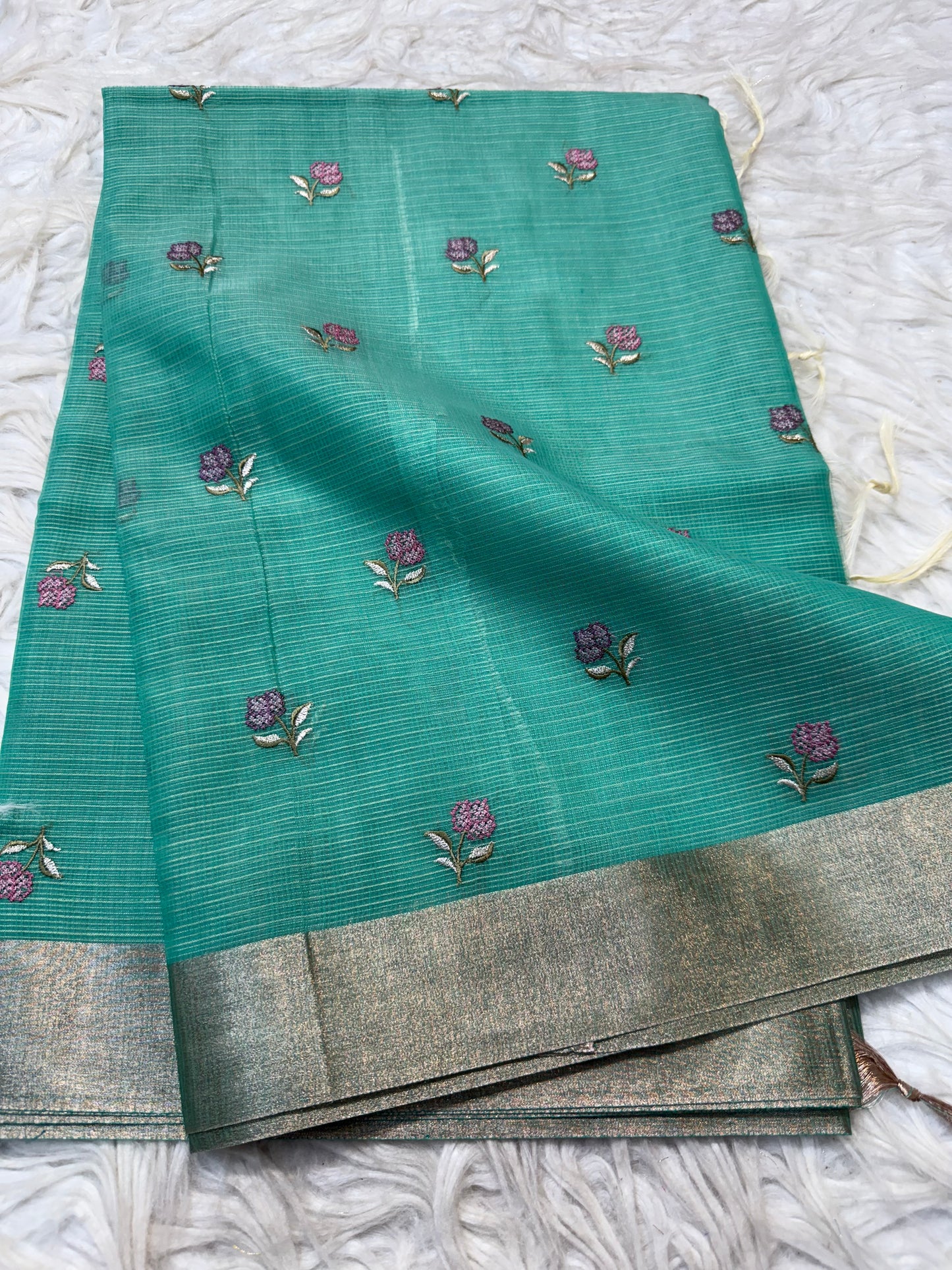 Sea green shade cotton kota embroidery Banarasi saree